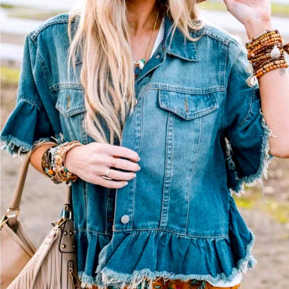 Three Bird Nest Scottie Ruffle Denim Jacket